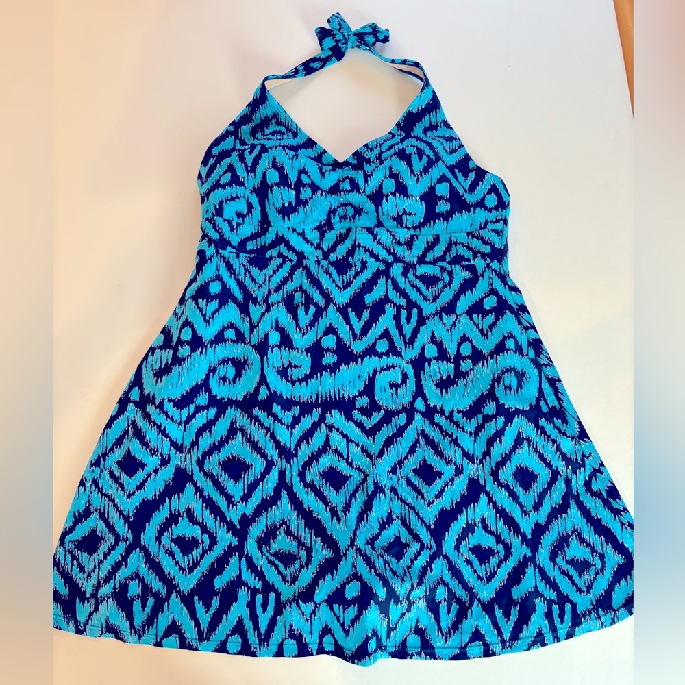 ISLANDER Sz 14 Blue and Navy Halter Swim Dress